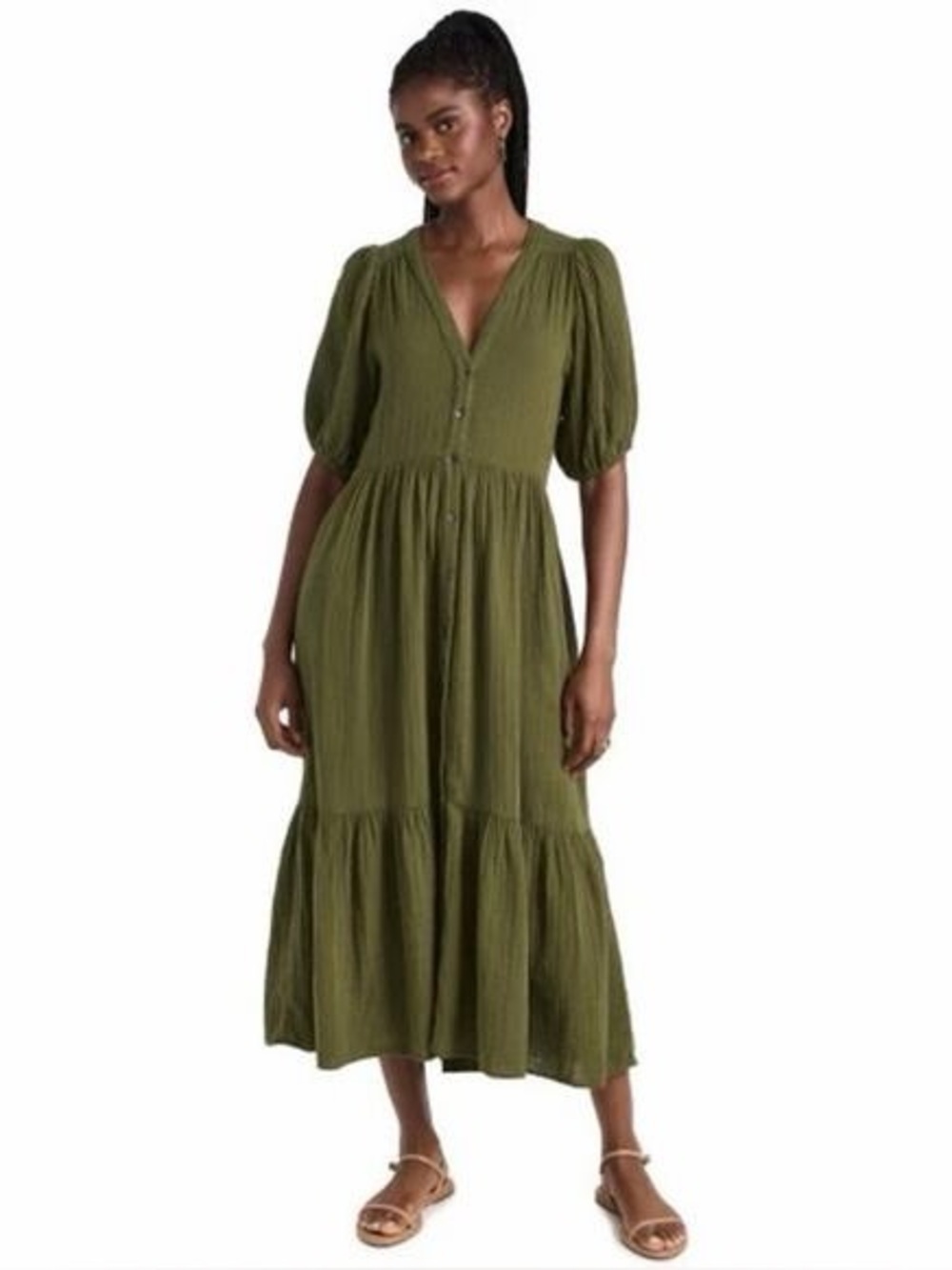 Lennox Puff-sleeve Midi Dress In Surplus Olive